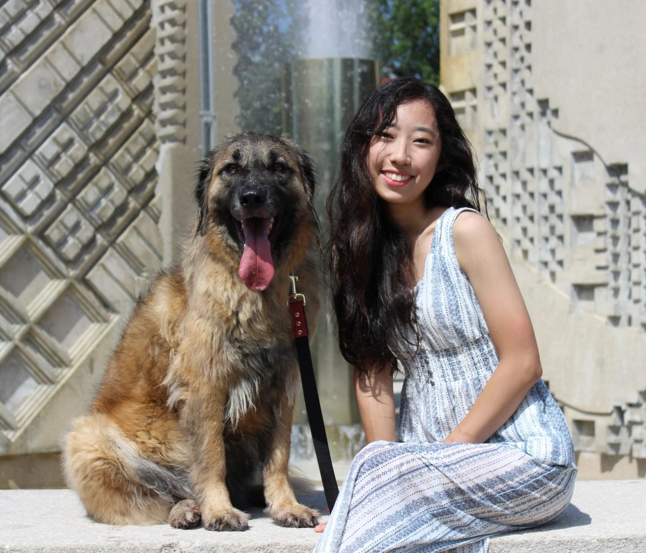 Woman sitting with a large brown dog outdoors near a decorative wall